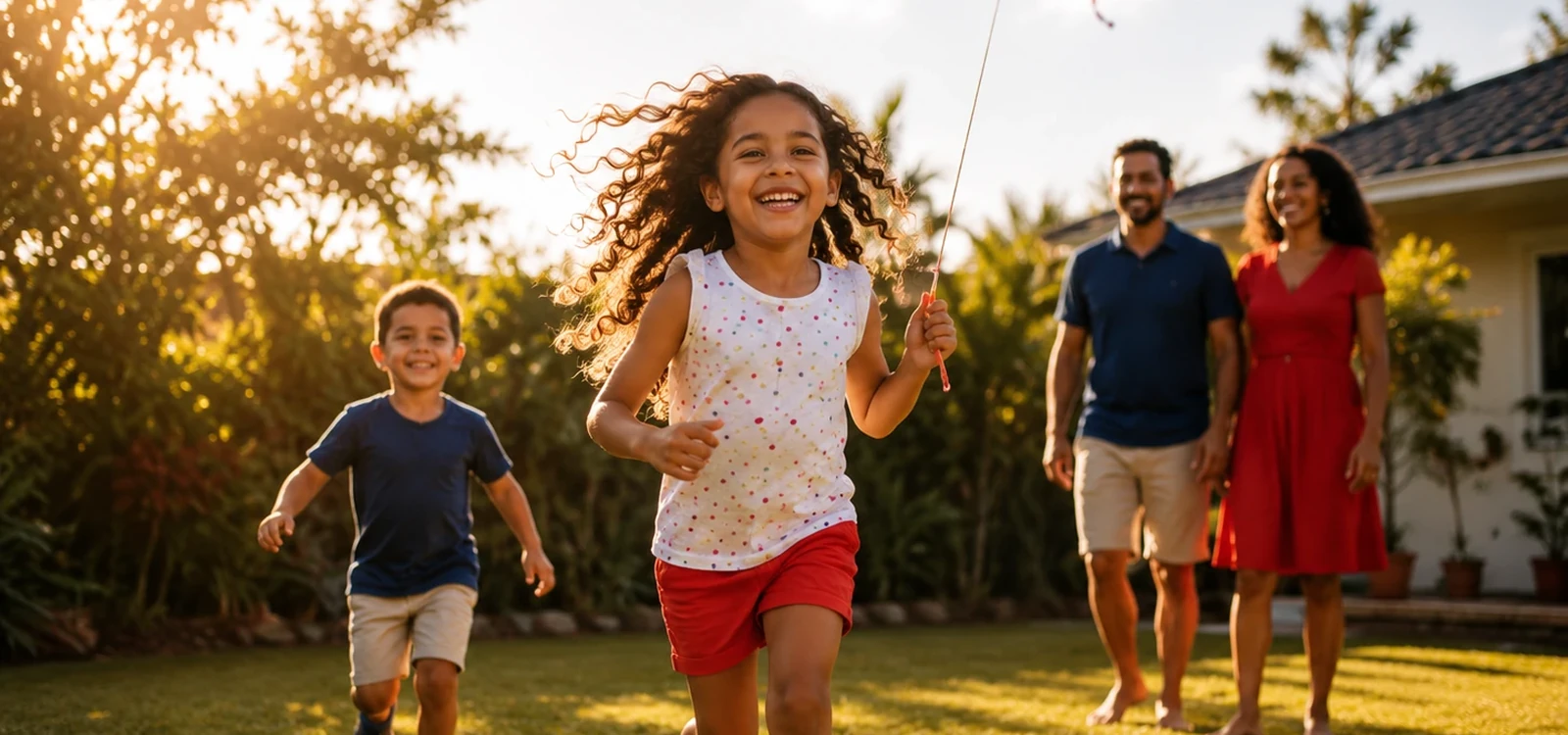 Crianças brincando ao ar livre com a família ao fundo